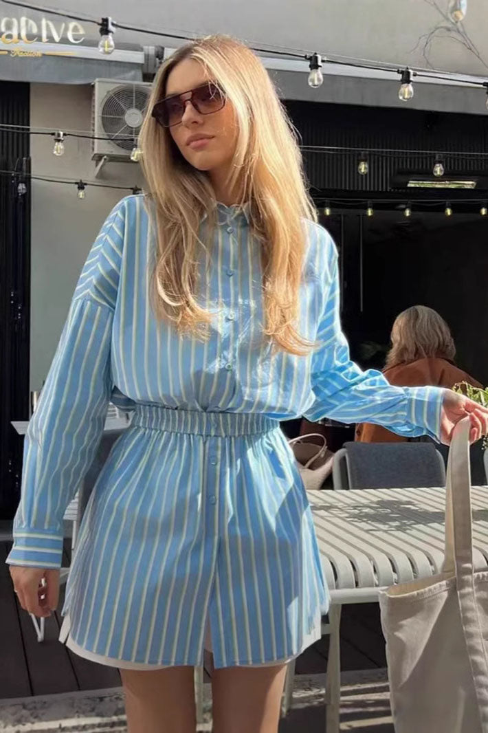 Coordinated Blue Relaxed Striped Shirt Shorts Set