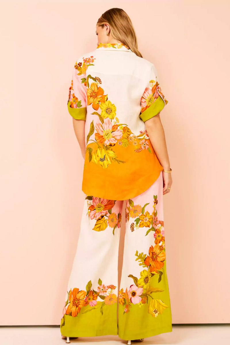 Distinctive Print Elastic Waist Pocketed Wide-Leg Trousers-Set