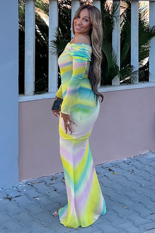 Asymmetric Rainbow Fishtail Maxi-Length Dress