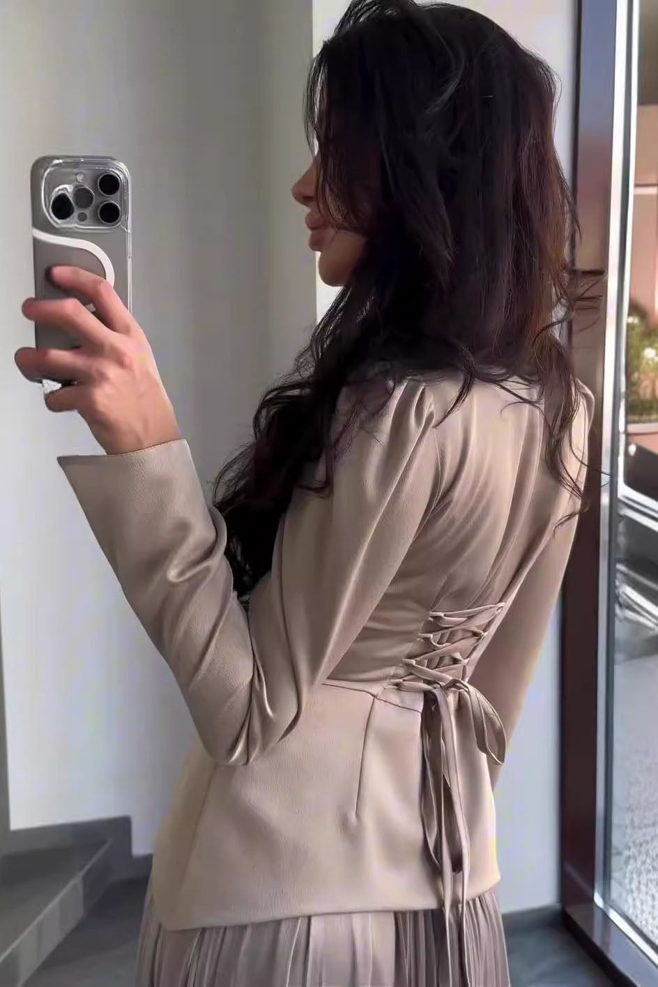 Color Block Splicing Slim Fit Lace-Up Long Sleeve Maxi-Length Dress