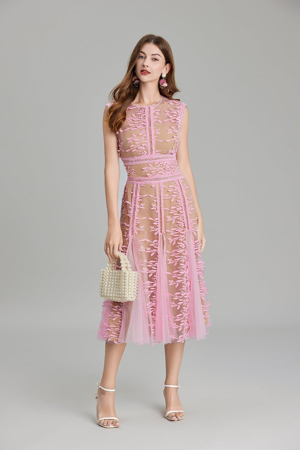 Maelle Crew Neck Mesh Embroidered Midi-Length Dress In Beige