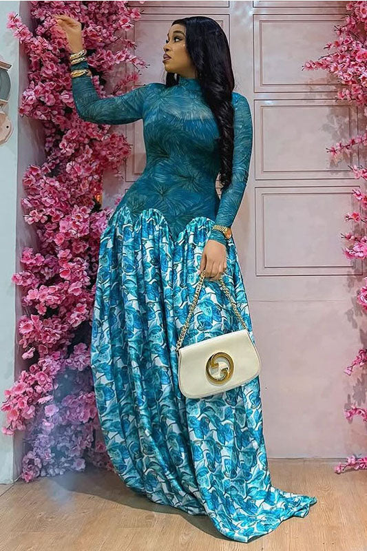 Blue Abstract Leaf Print Mesh Maxi-Length Dress