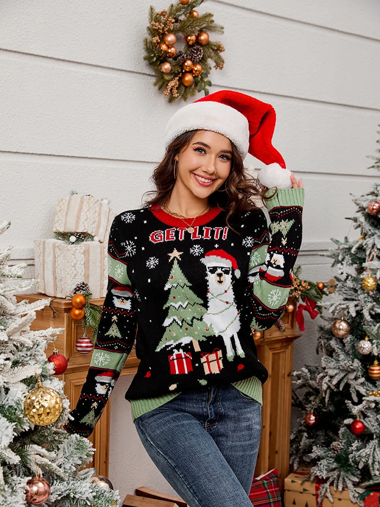 Crew Neck Embroidered Knit Sweater - Alpaca & Christmas Tree