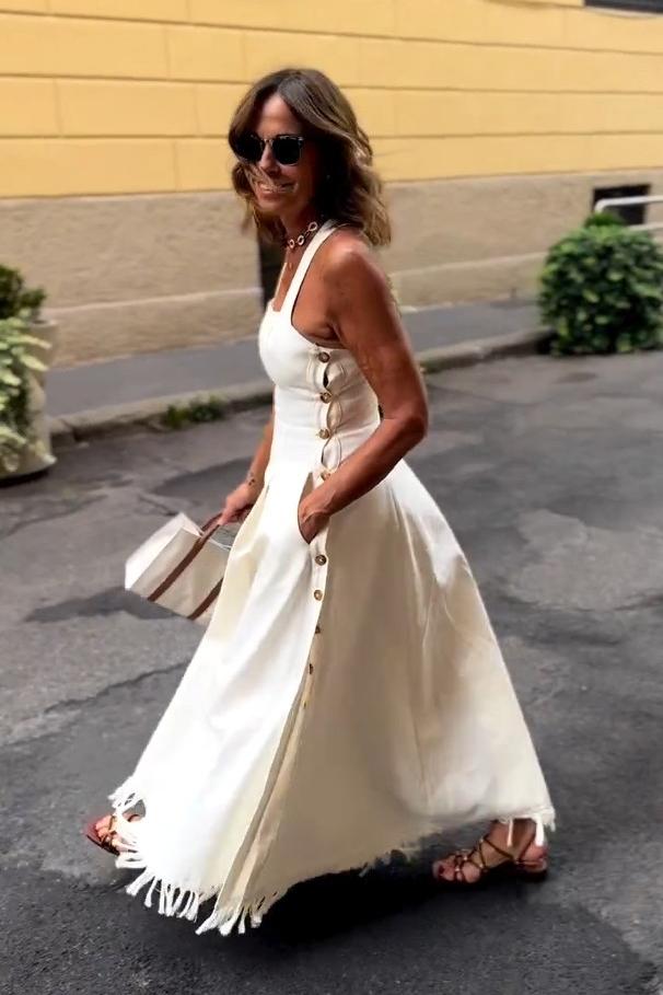 Boho Fringed White Maxi-Length Dress with Pockets