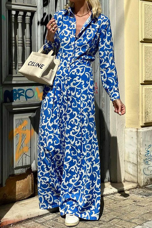 Modern Blue Vine Print Midi Jumpsuit