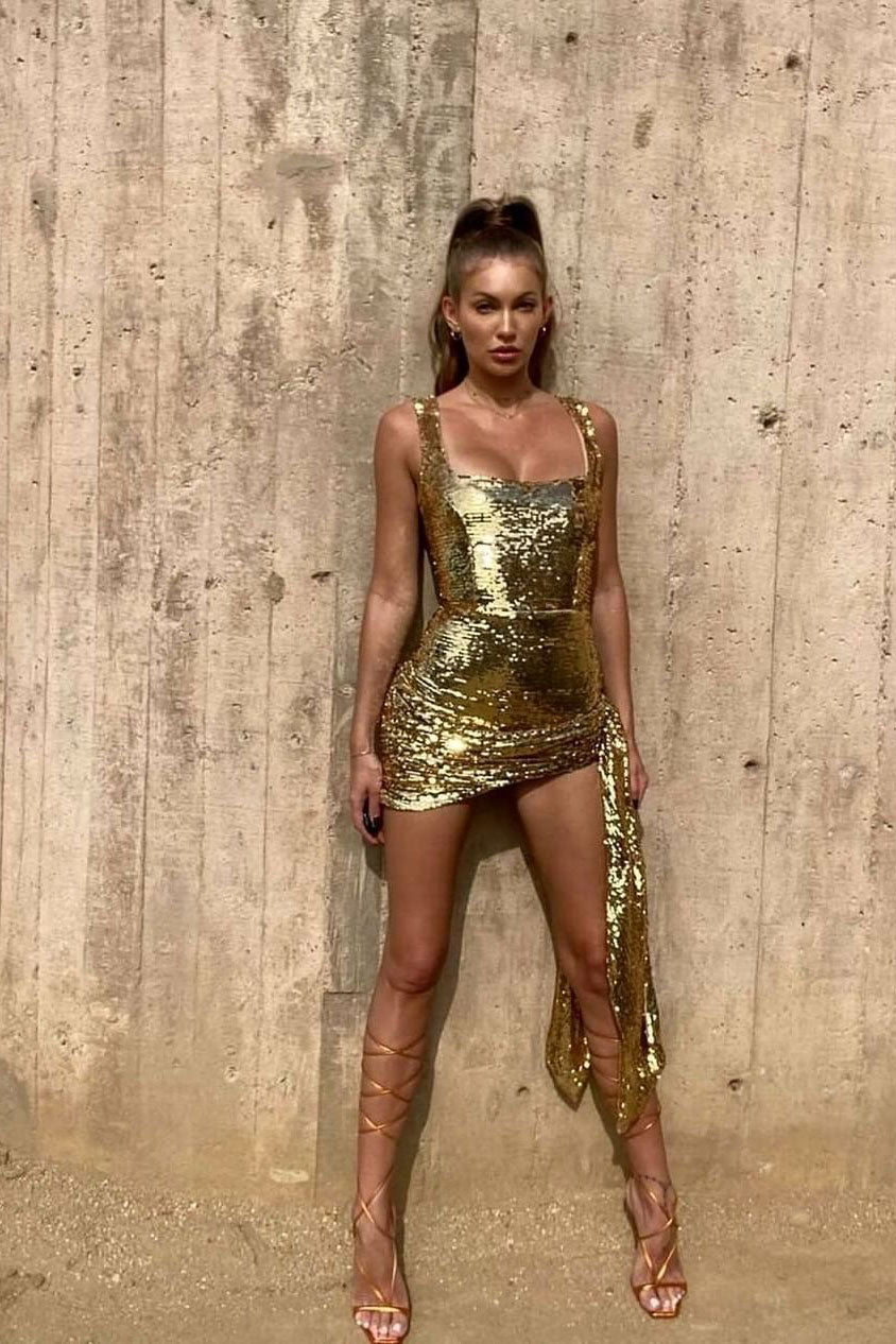 Gold Sequin Square-Neck Midi Dress