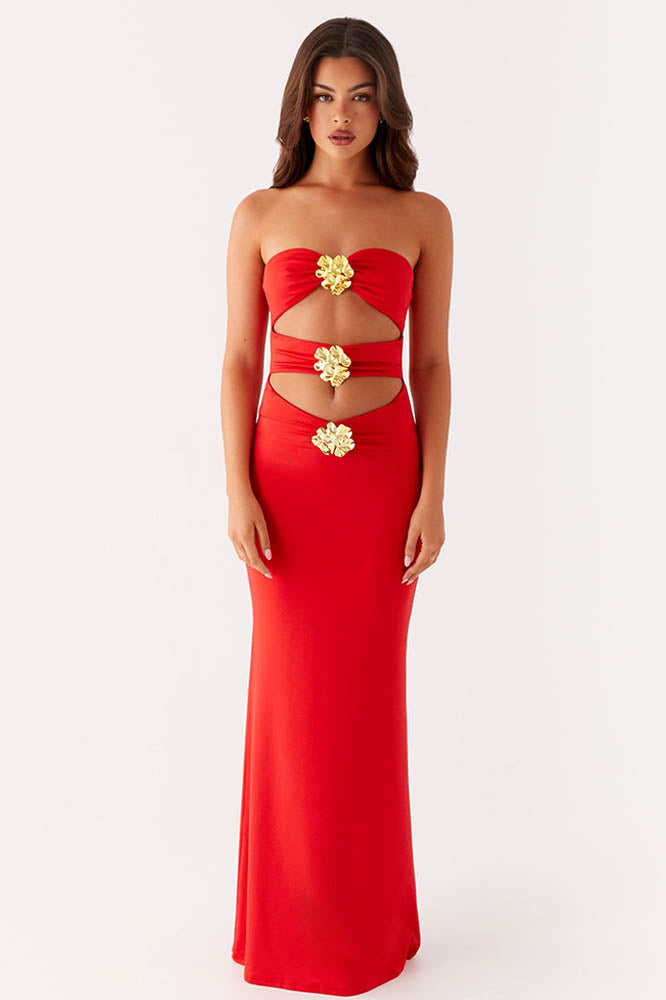 Cut-Out Design Mature Style Slim Maxi-Length Dress
