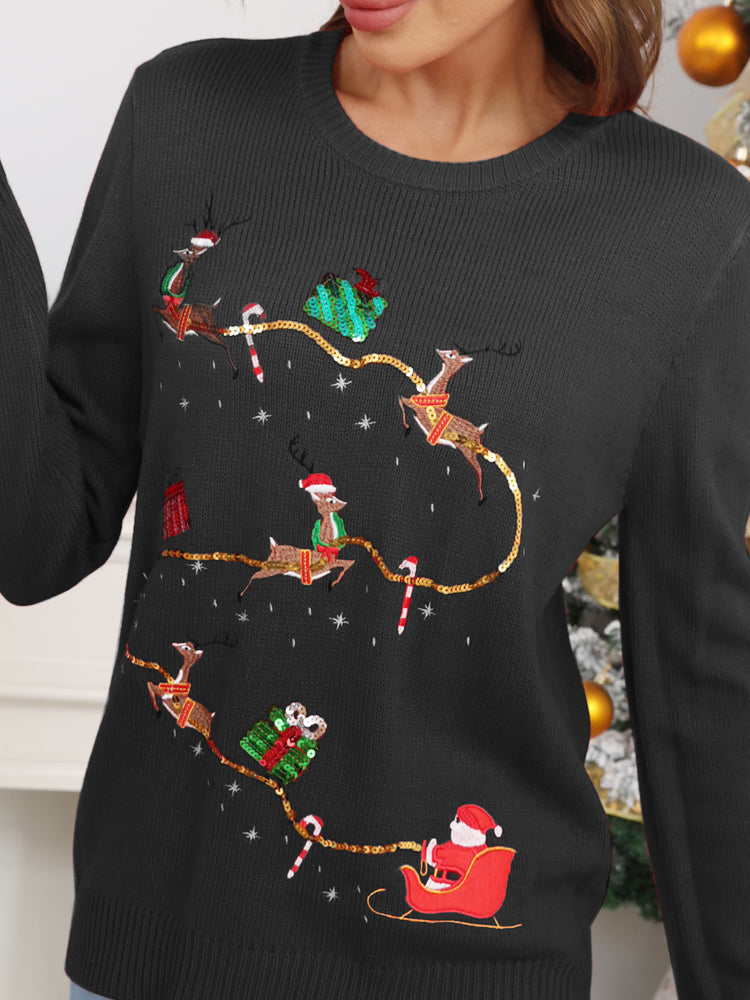 Modern Christmas Cute Reindeer Embroidered Knit Sweater