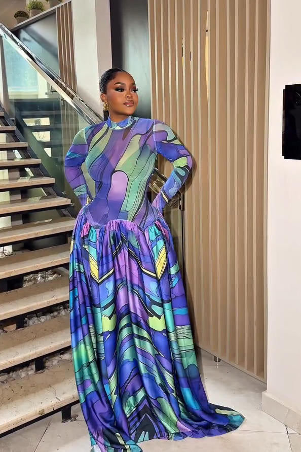 Blue Art-Paint Inspired Maxi-Length Dress