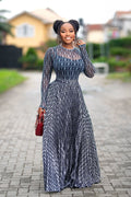 Gradient Chain-Pattern Sheer Mesh Fitted Maxi-Length Dress