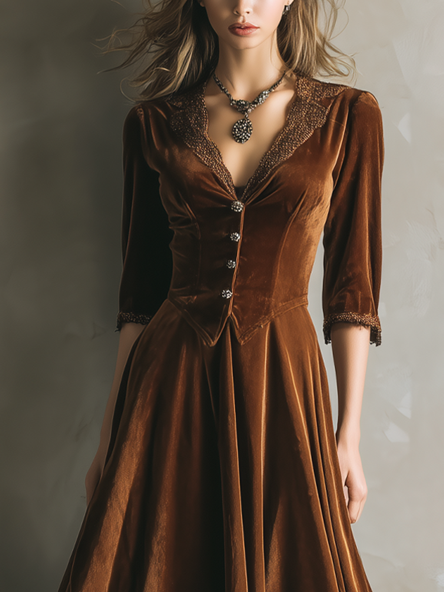 Retro Three-Quarter Sleeves Lace Velvet Midi-Length Dress