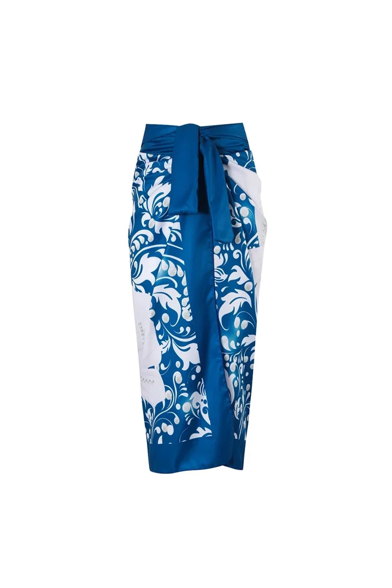 Blue Swimwear Set Pearl Flower Accents