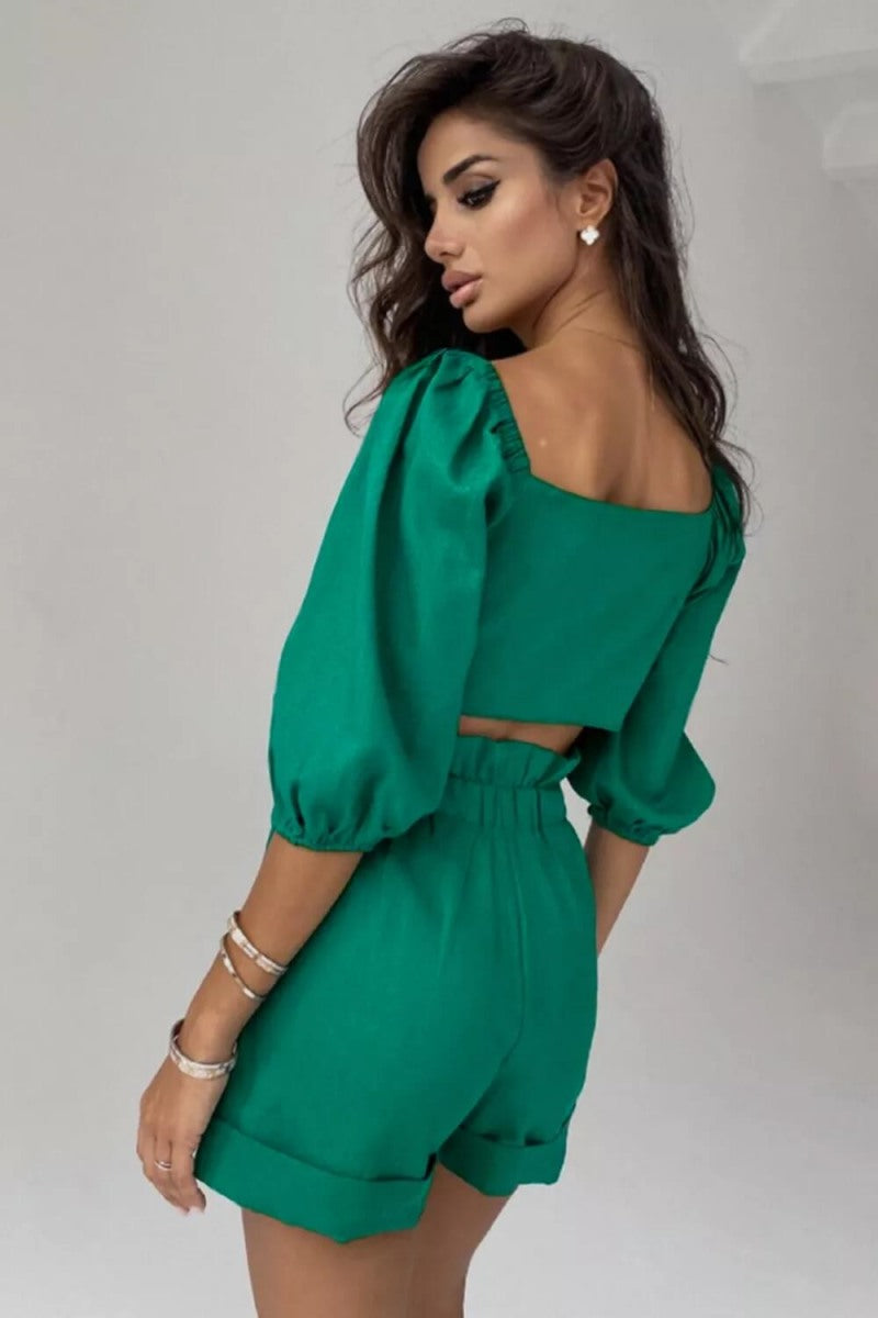 Modern Linen Wrap Front Tie Puff Sleeve Shorts Sets In Green