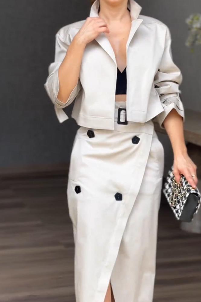Coordinated Fashion Lapel Jacket & Split Skirt Two-Piece Set