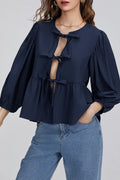Modern Puff Sleeve Peplum Bow Ties Blouse Top