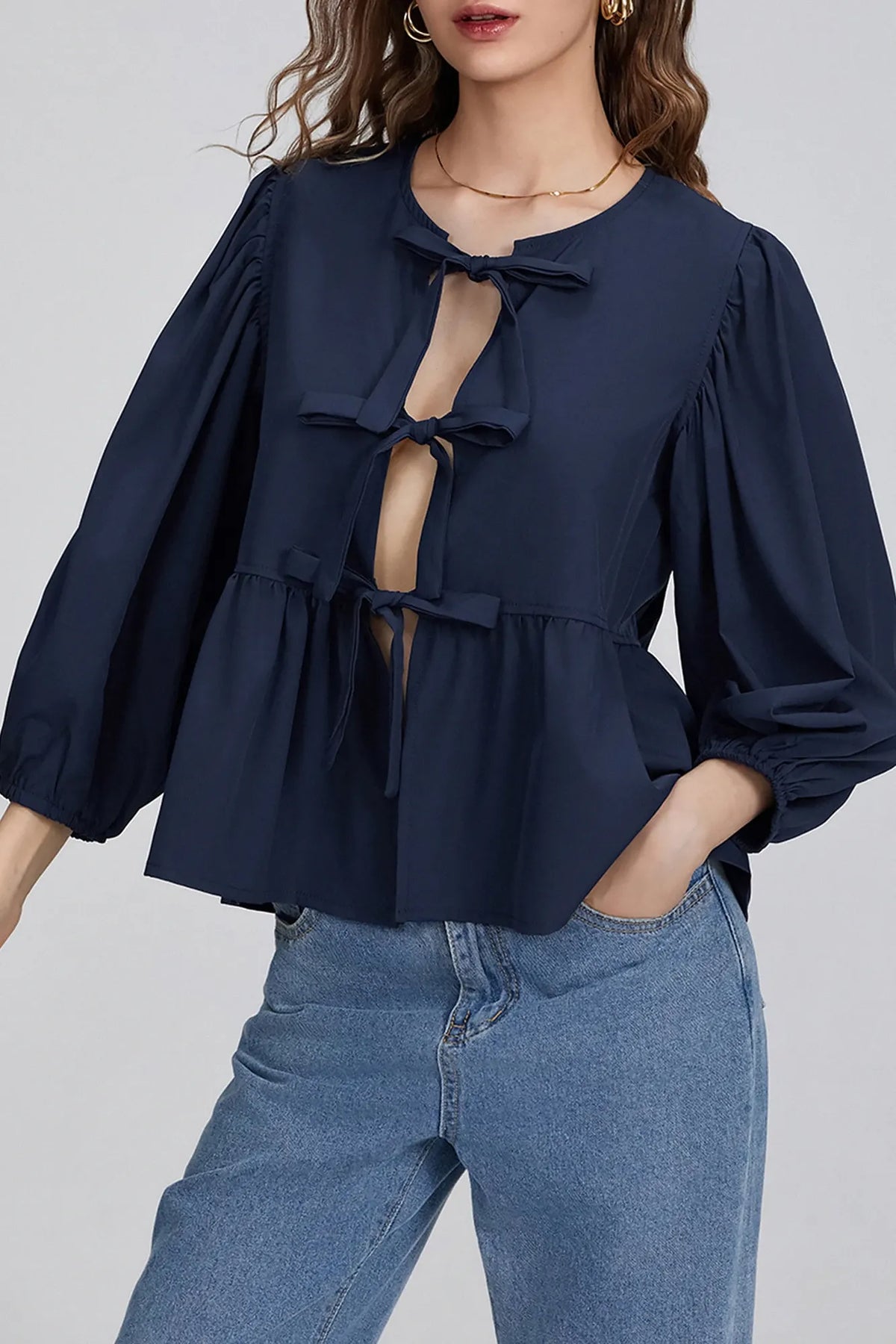 Modern Puff Sleeve Peplum Bow Ties Blouse Top