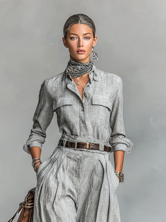 Coordinated Cotton-linen Blend Long-sleeved Shirt And Trousers Two-Piece Set (belt Not Included)