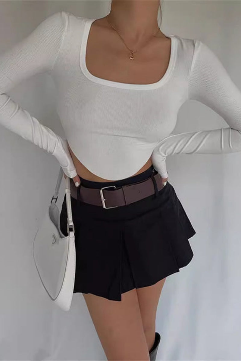 Modern Square Neck Irregular Hem Long-sleeved Base Shirt