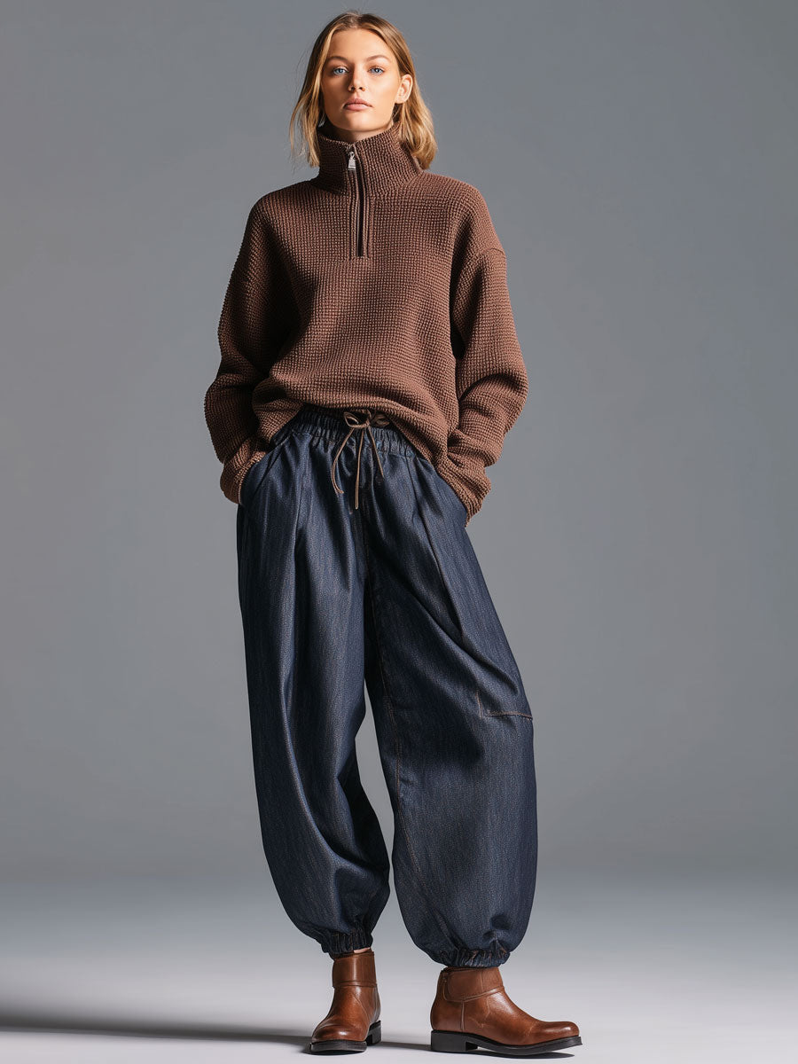 Modern Fashion Retro Elastic Waist Navy Blue Lantern Jeans