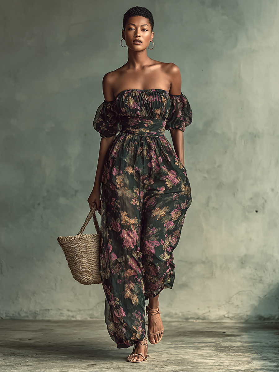 Women's Chiffon Flower Print Bandeau Short Sleeve Waist Jumpsuit
