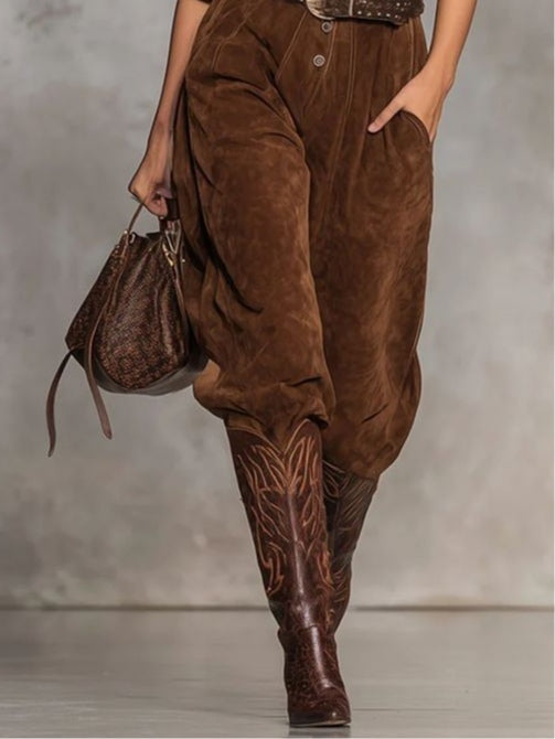 Modern Brown Suede Jumpsuit With Lapel And Buttons