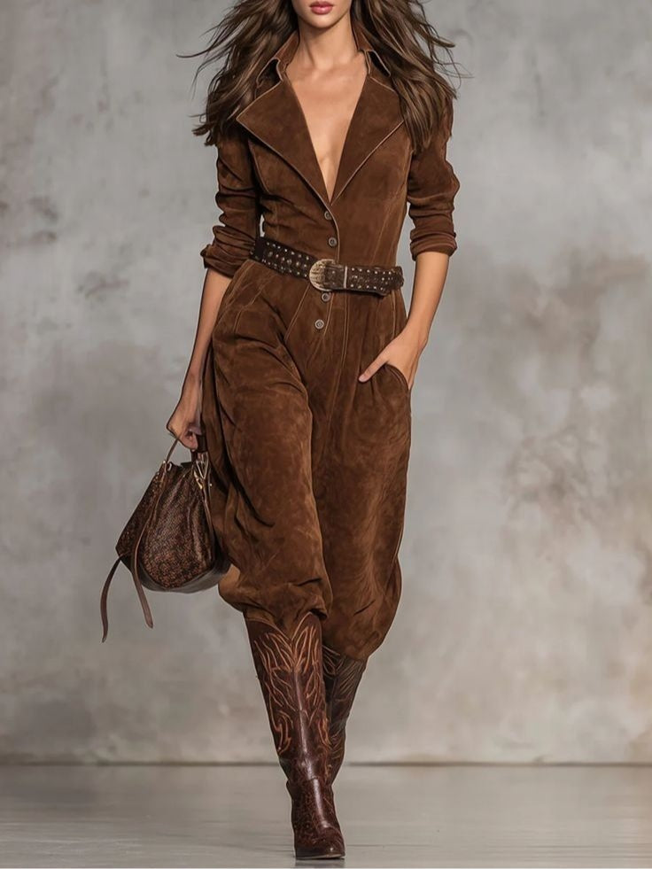 Modern Brown Suede Jumpsuit With Lapel And Buttons