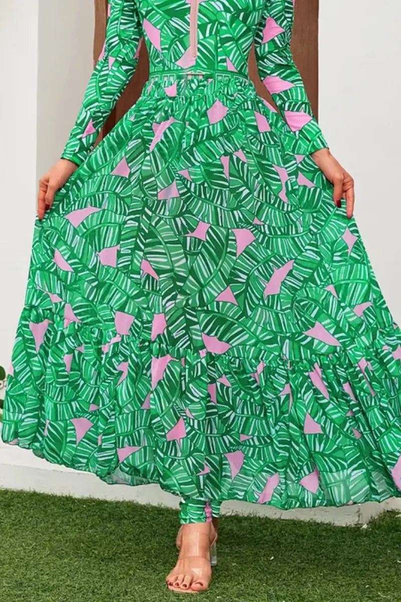 Green Zip Long Sleeve Patterned Surf Swimwear Set
