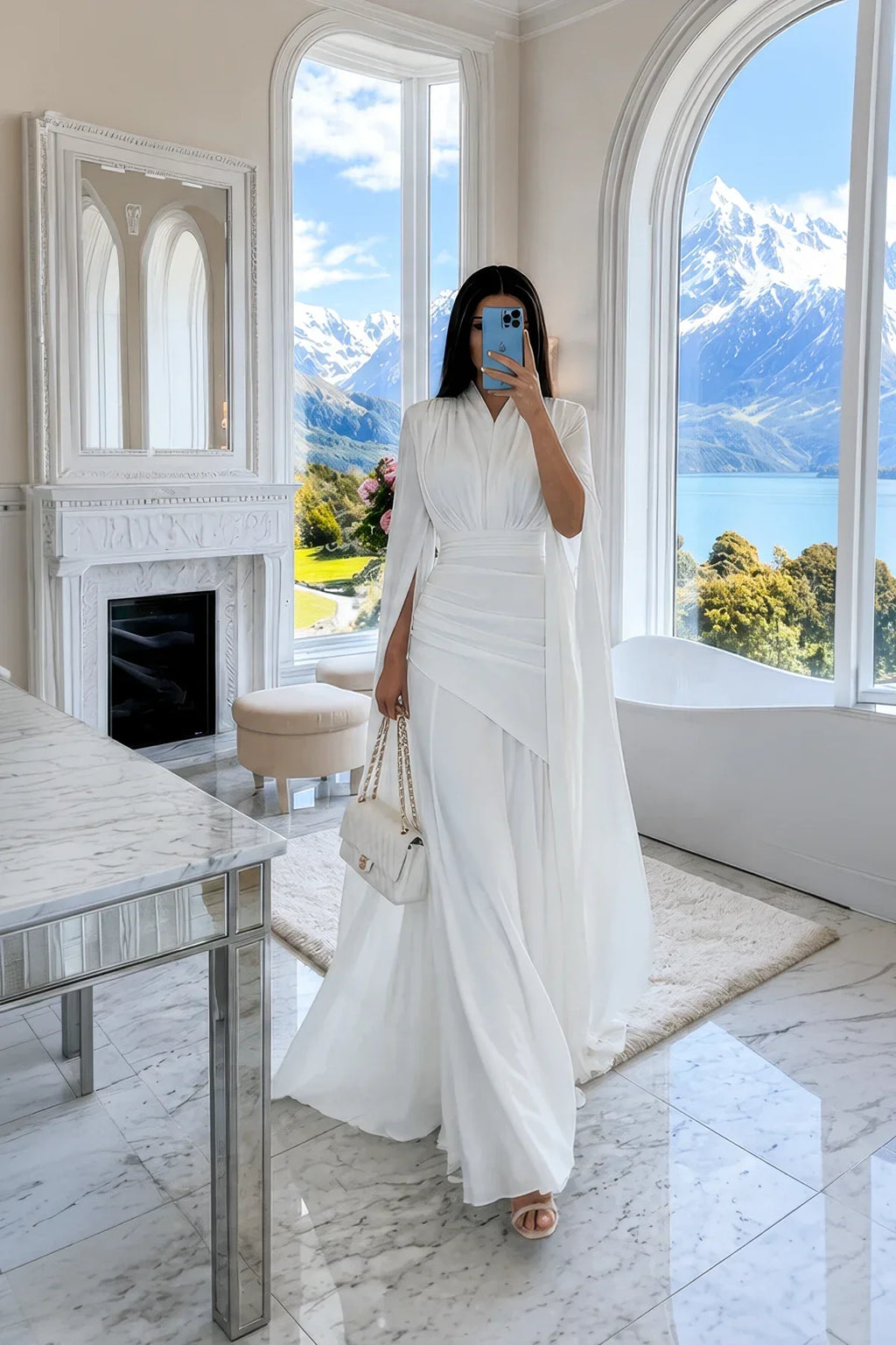 White V-Neck Cape Sleeve Ruched Waist Floor-Length Maxi-Length Dress