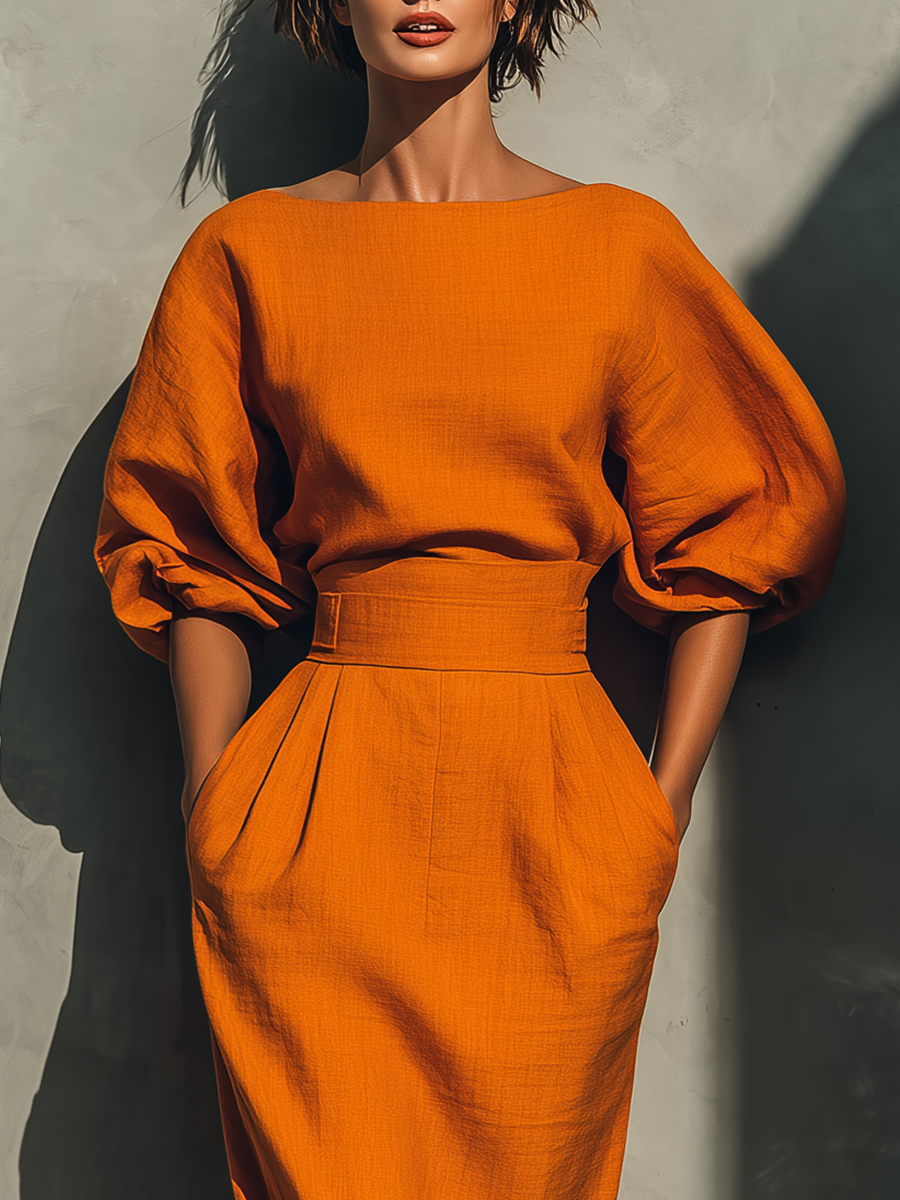 Coordinated Women's Orange Mid-sleeve Top And Midi Skirt Set