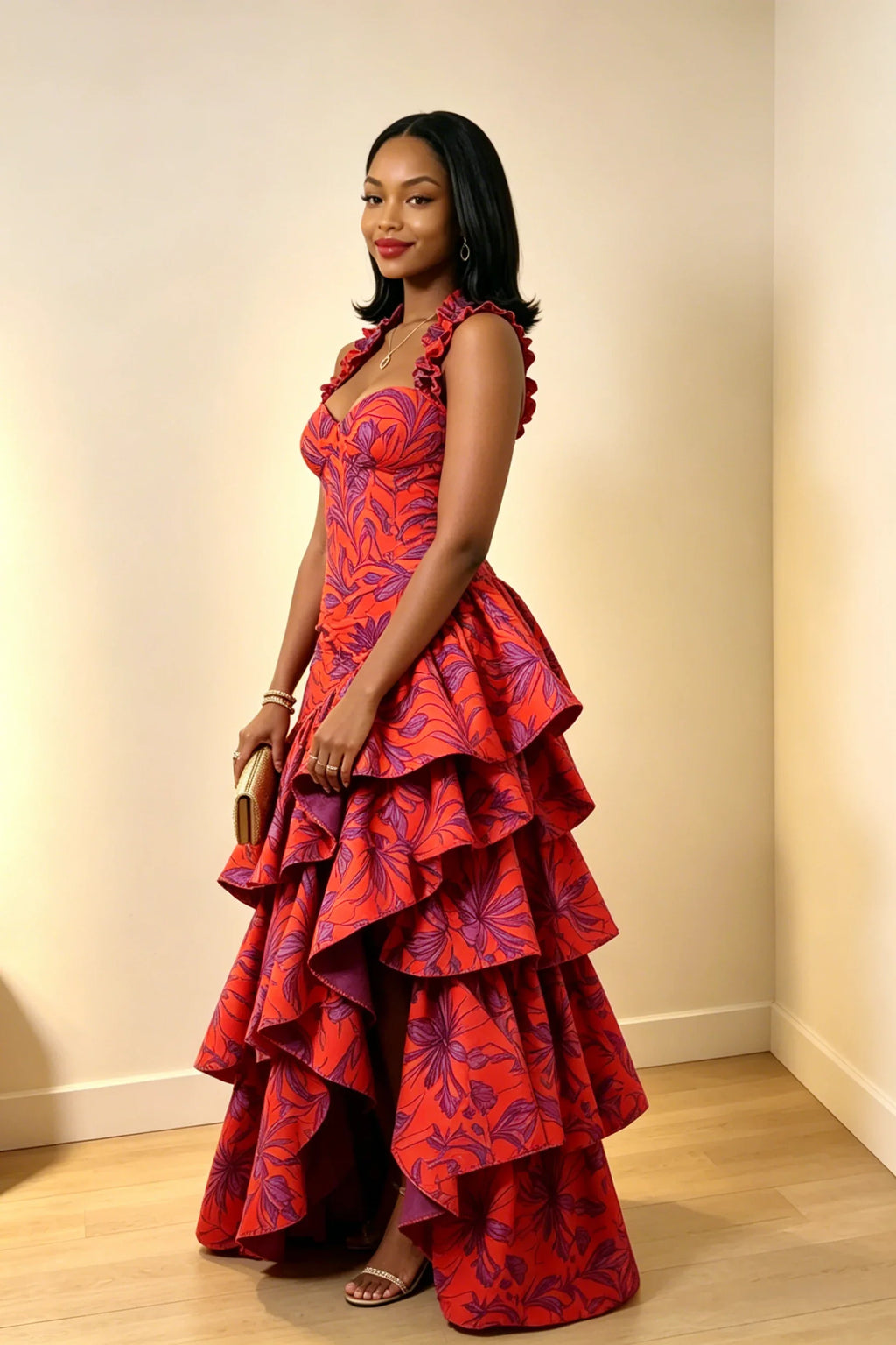 Ruffled Trim Halter Bustier Gathered Multi-Tier Maxi-Length Dress