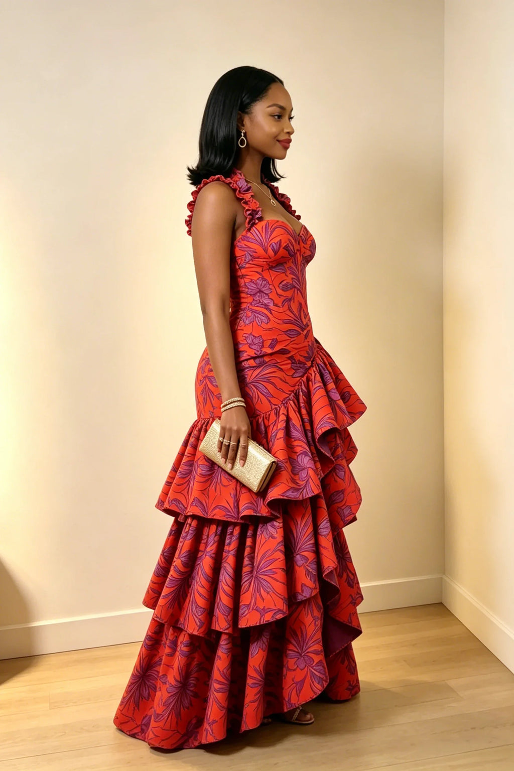 Ruffled Trim Halter Bustier Gathered Multi-Tier Maxi-Length Dress