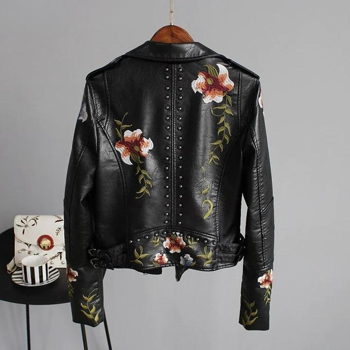 Leather Jacket with Floral Embroidery