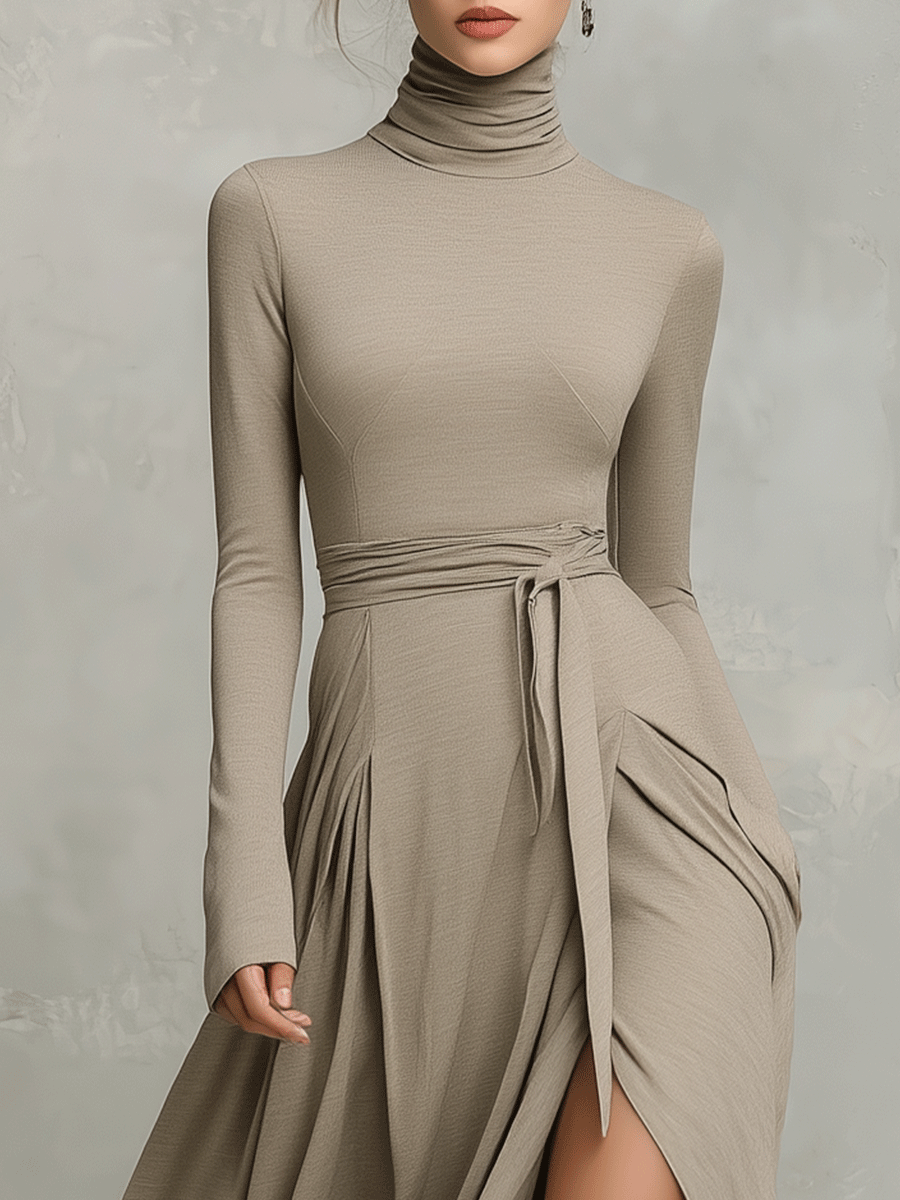 Women's Refined Figure-flattering Long Sleeves Knit Blend Midi-Length Dress