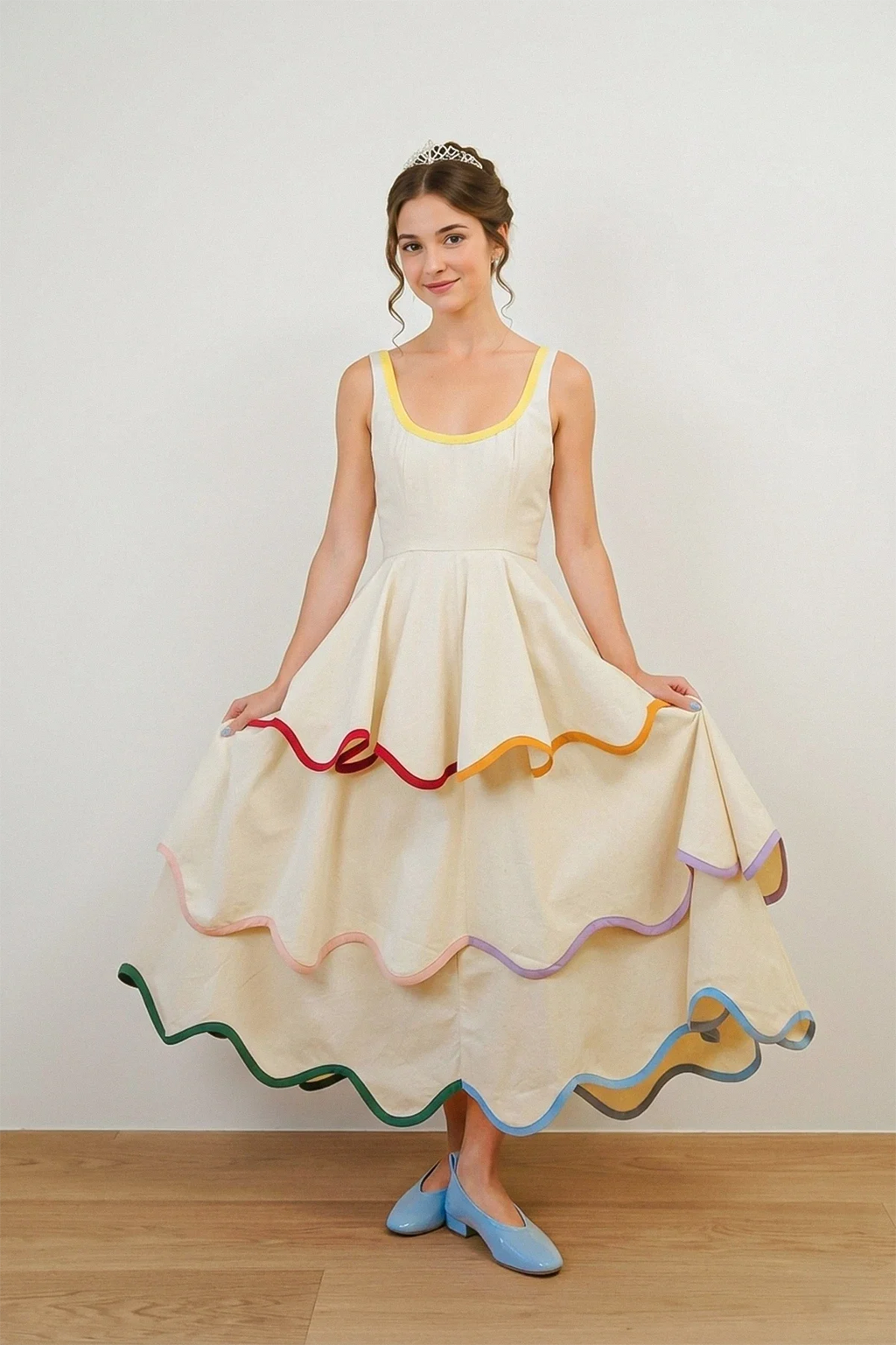 U-Neck Tiered Cake Midi-Length Dress