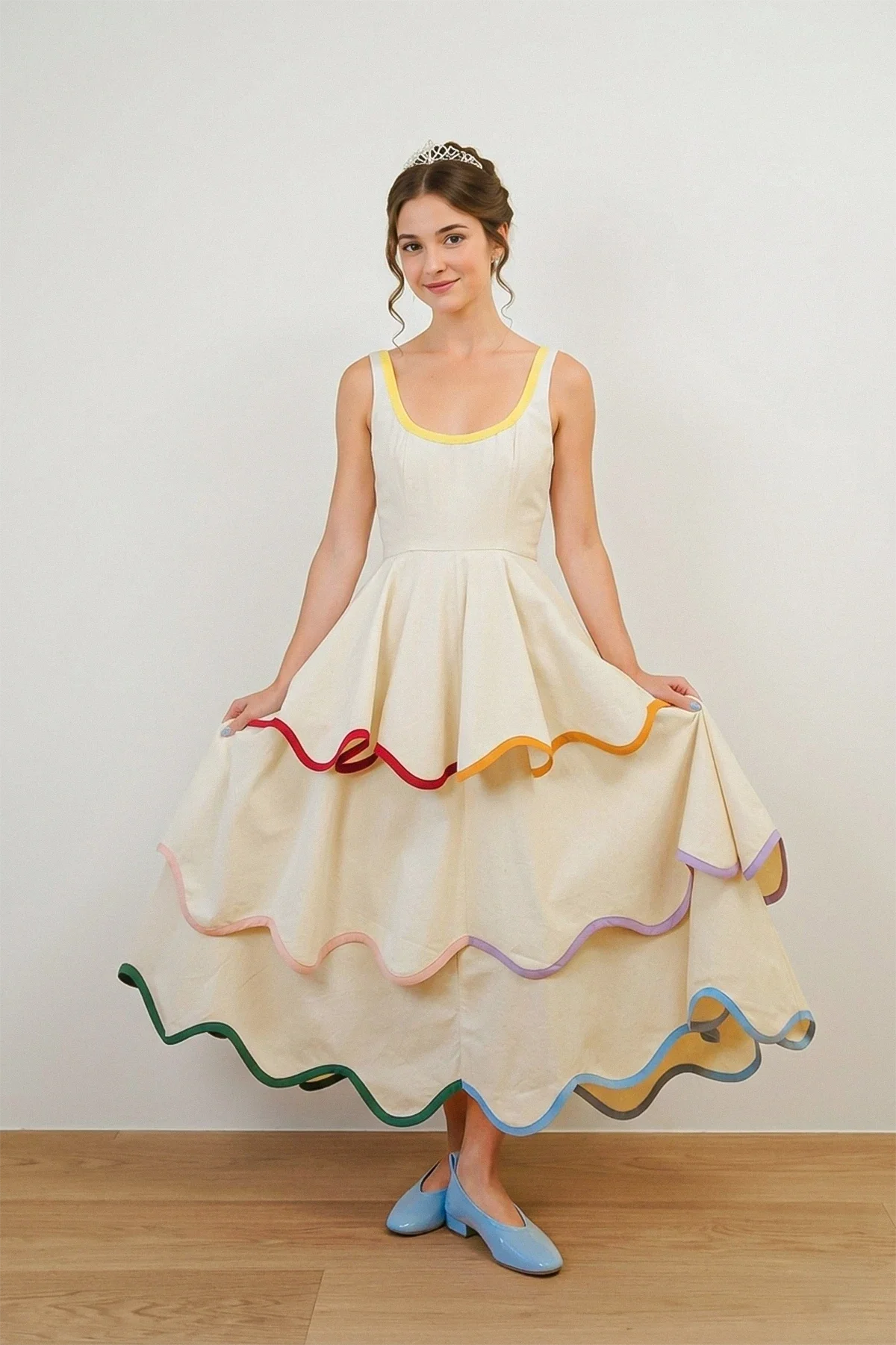 U-Neck Tiered Cake Midi-Length Dress