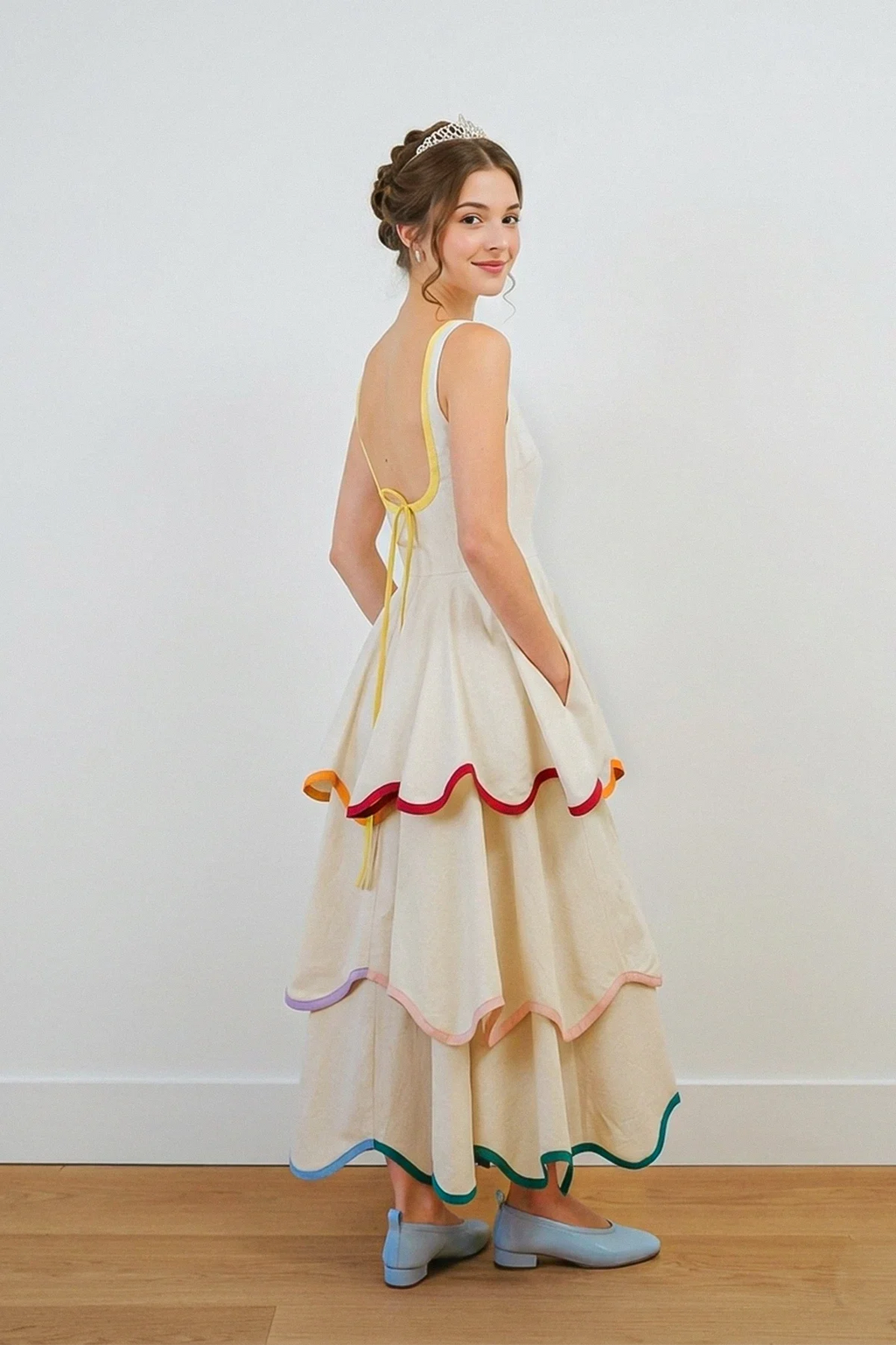 U-Neck Tiered Cake Midi-Length Dress