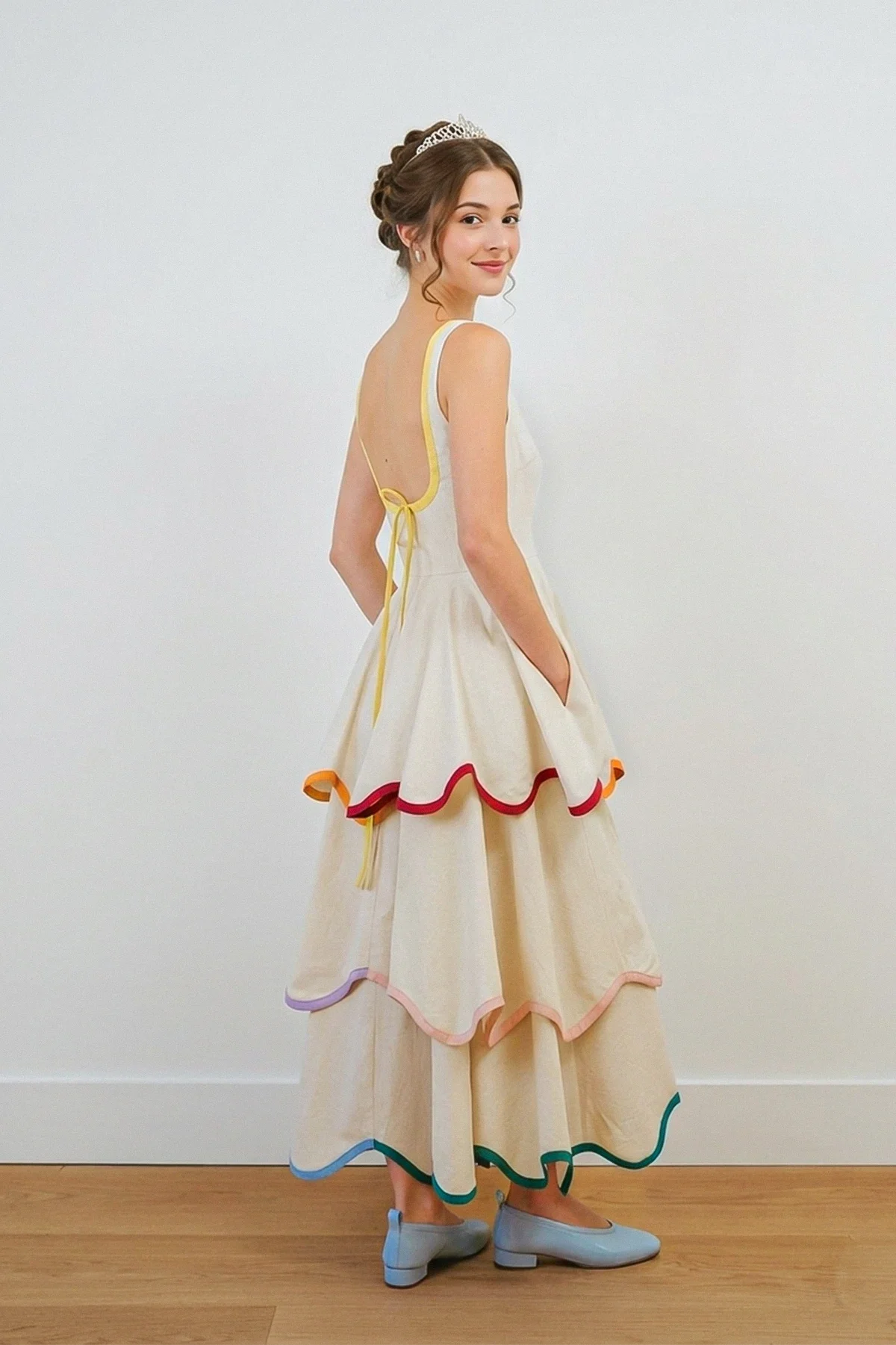 U-Neck Tiered Cake Midi-Length Dress