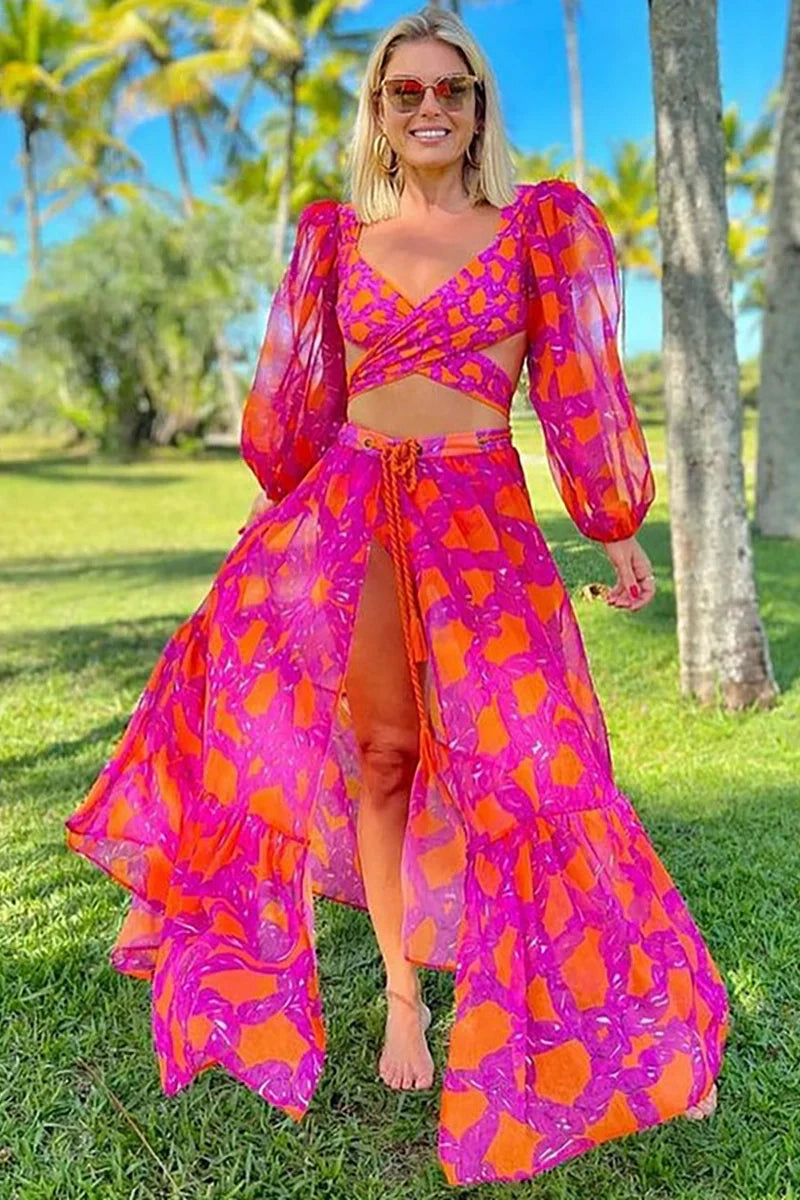 Long-Sleeve Tie-Up Patterned Swimwear Set