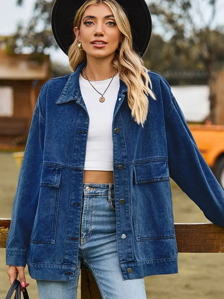 Oversized Denim Jacket with Button Closure and Pockets