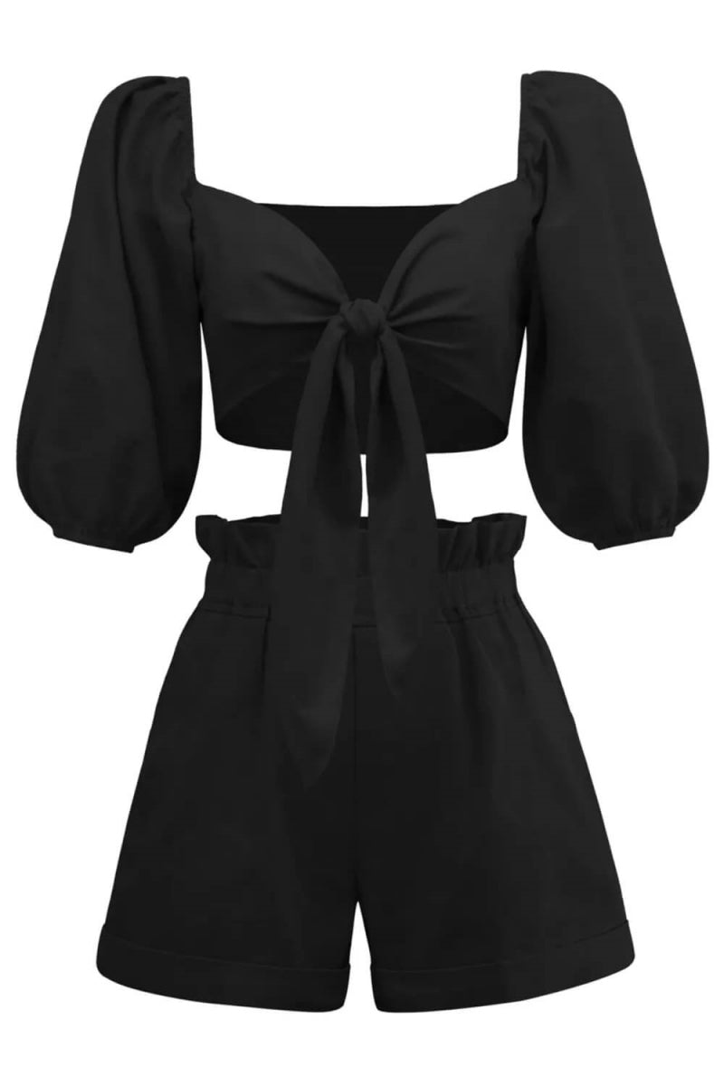 Modern Linen Wrap Front Tie Puff Sleeve Shorts Sets