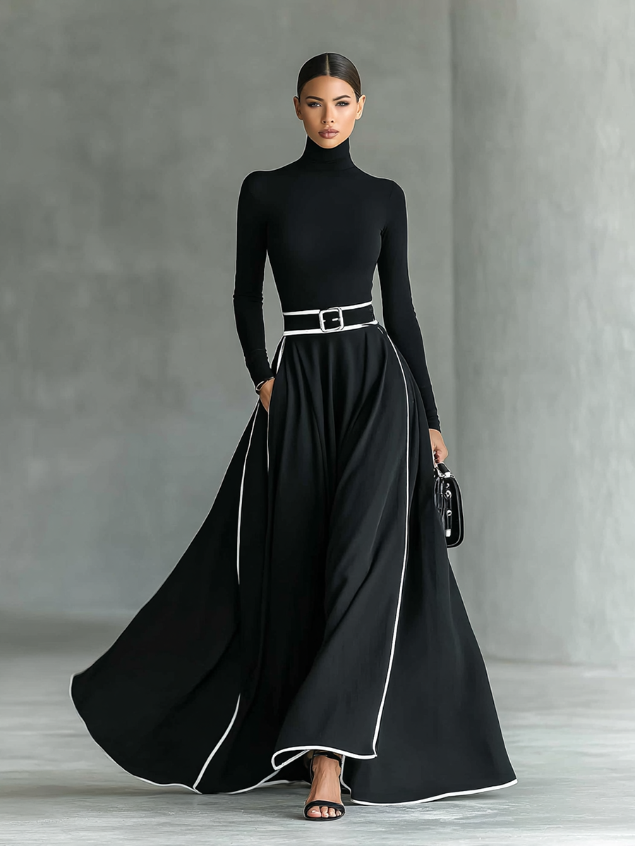 Women's Black Stitching White Trim High Collar Long Sleeve Tight Belt Maxi-Length Dress