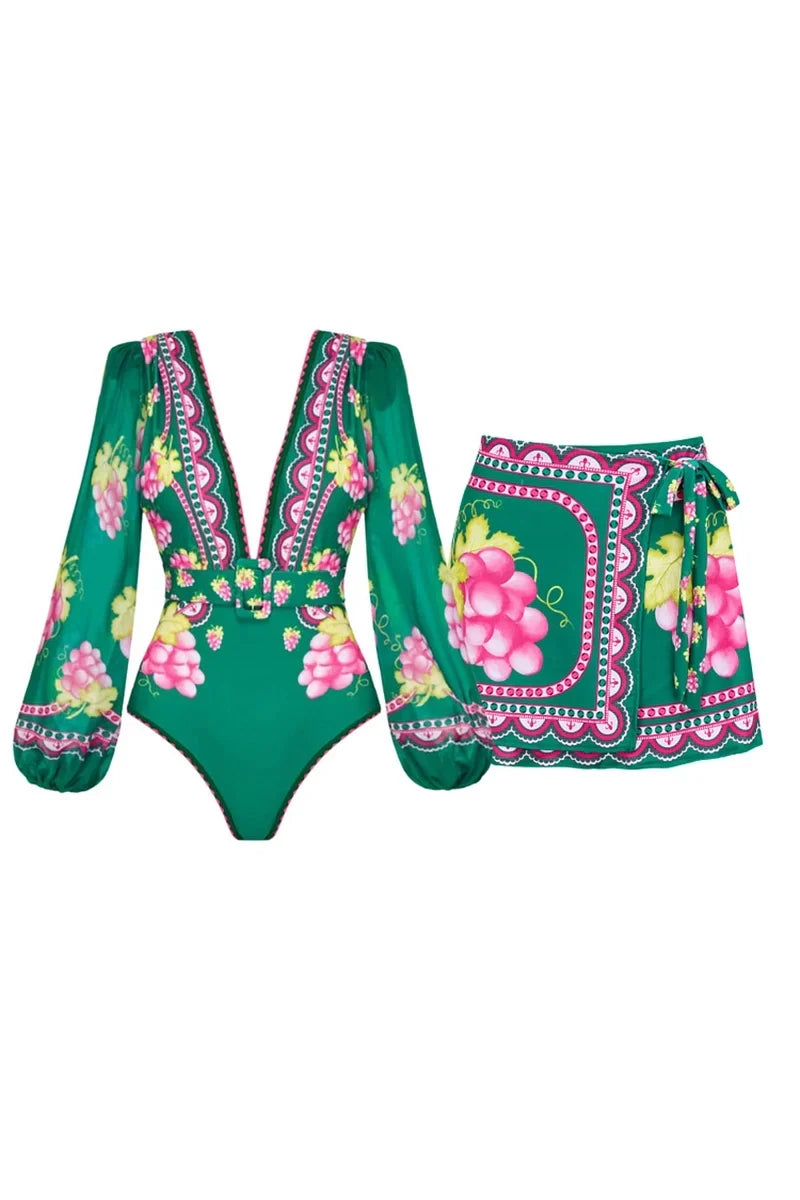 Long Sleeve Short skirt Swimwear Set