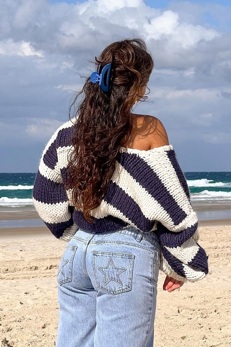 Off-shoulder Striped Knit Sweater