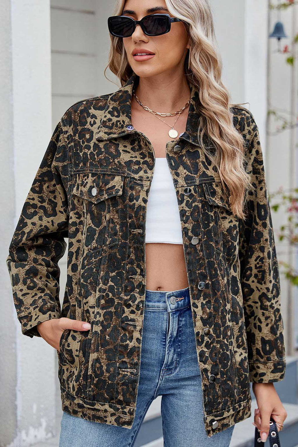 Modern Washed Leopard Print Denim Jacket