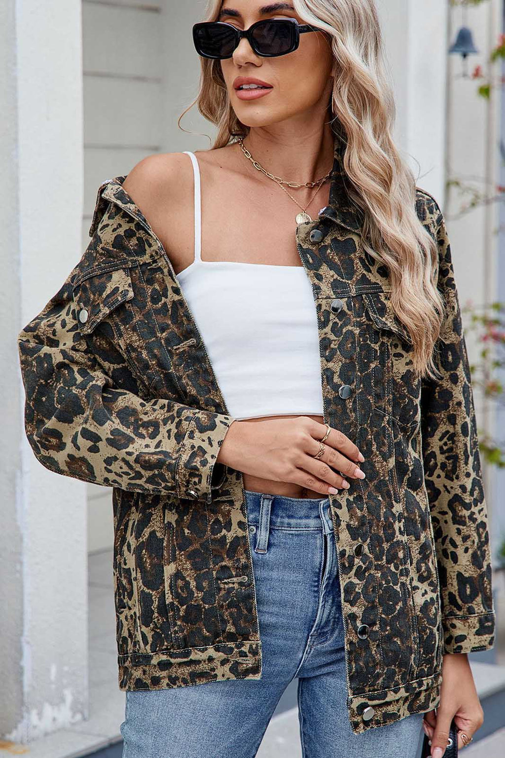 Modern Washed Leopard Print Denim Jacket