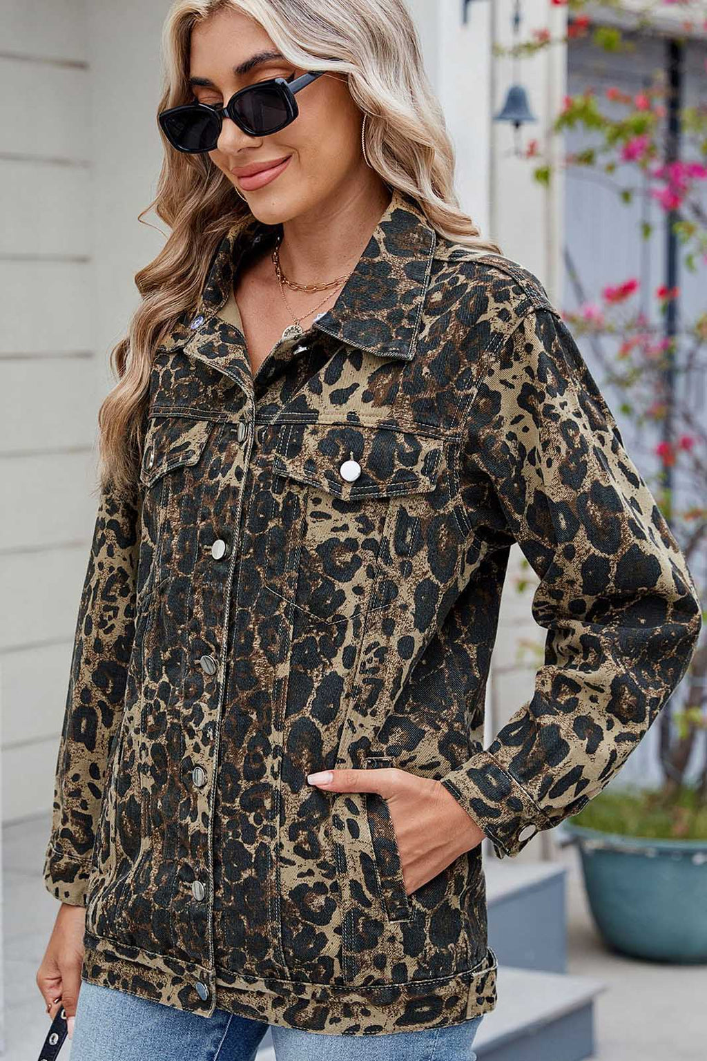 Modern Washed Leopard Print Denim Jacket
