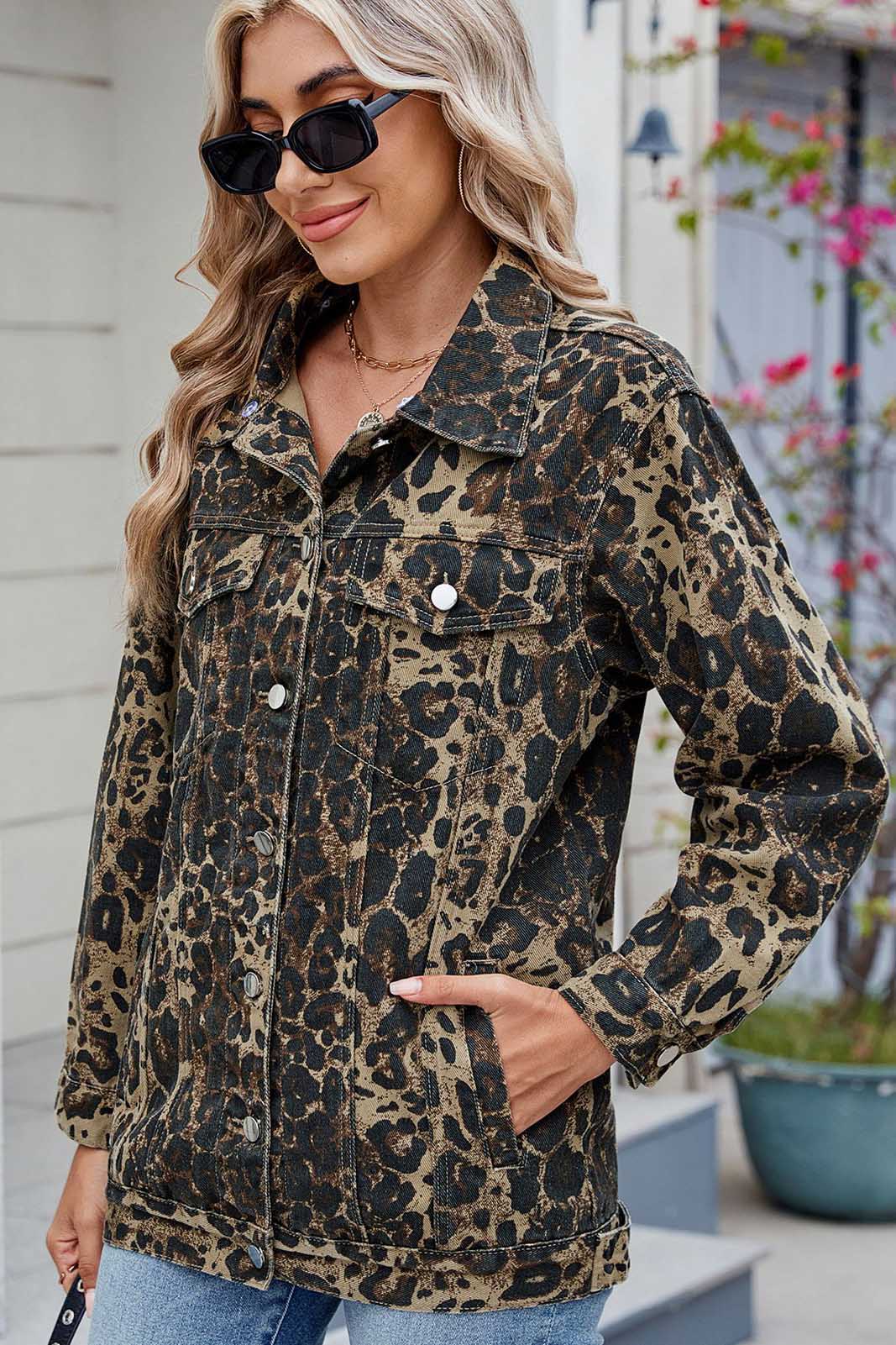 Modern Washed Leopard Print Denim Jacket