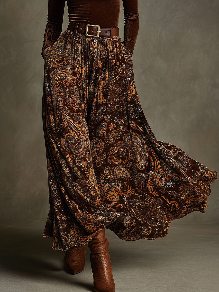 Retro Stretch Velvet Top & Paisley Print Long Skirt Set With Belt