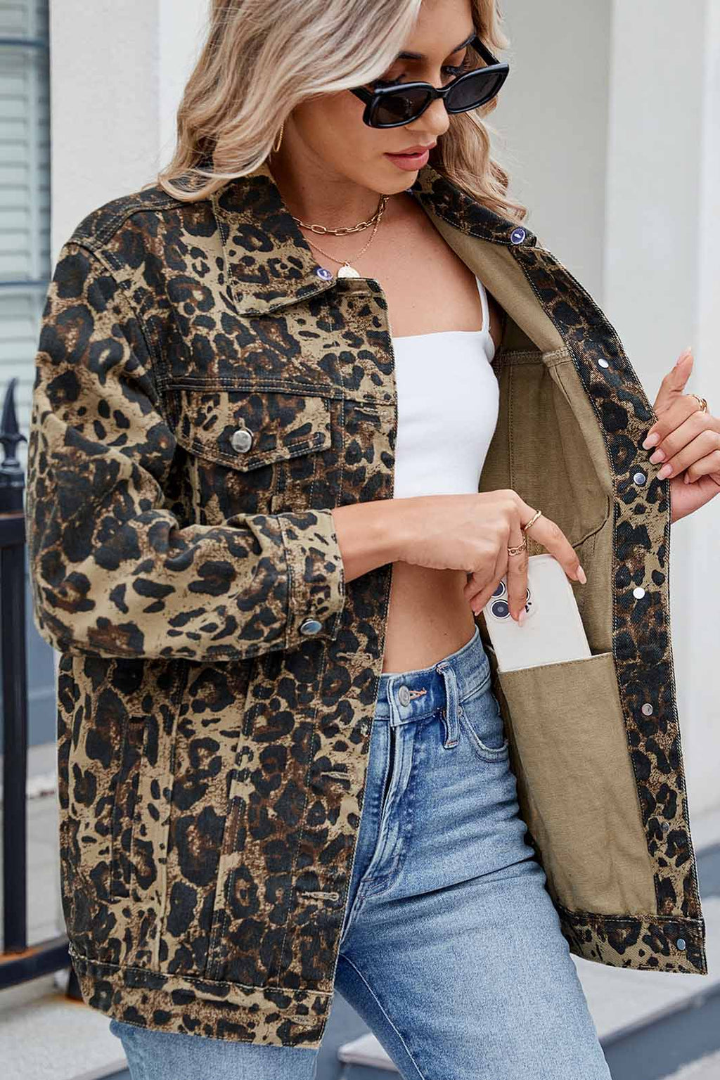 Modern Washed Leopard Print Denim Jacket