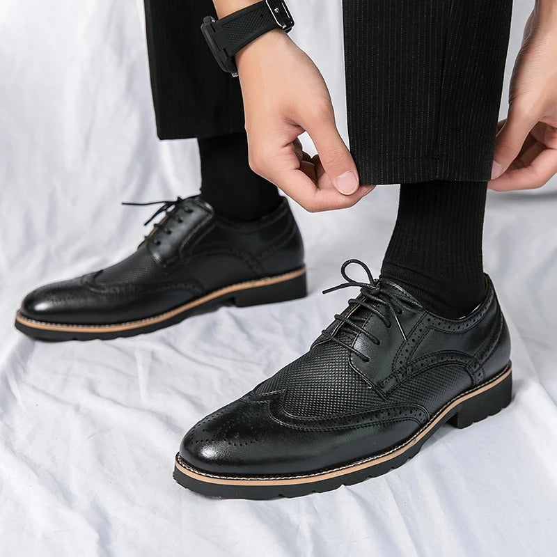 Cowhide Leather Brogue Shoes with Cushioned Insole